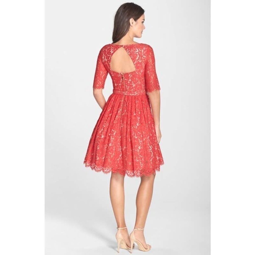 Eliza J Belted Lace Fit and Flare Dress Short Sleeves Red Women's Size 2 - Picture 2 of 15